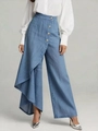 Détail du pantalon large bleu clair avec volants latéraux et boutons argentés chic - Bleu Clair Plissé