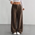 Pantaloni a gamba larga in velluto a coste marrone a vita alta da donna con tasche frontali - S / caffè