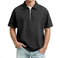 Detailed view of men's polo shirt featuring a zip collar and heavy textured fabric - Black