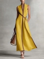 Detail view of yellow linen sleeveless V-neck maxi dress with contrast belt and waist trim - S / Yellow
