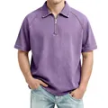 Detail of purple polo shirt featuring half-zip collar and washed denim texture - Purple