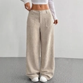 Pantaloni a gamba larga in velluto a coste beige a vita alta con grandi tasche frontali - S / Albicocca