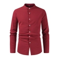 Close-up of dark red cotton linen shirt with mandarin collar and white contrast buttons - Red