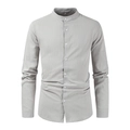 Detail of light grey cotton linen shirt showing breathable fabric and button closure - Gray