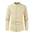 Detail of light beige men's long sleeve shirt showing cotton linen fabric and stand collar - Khaki