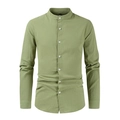 Detail of sage green cotton linen shirt featuring mandarin collar and textured fabric - Light Green