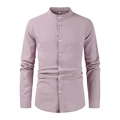 Detail of lavender cotton linen shirt featuring a grandad collar and premium fabric texture - Light Pink