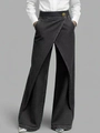 Dark grey high waist wide leg denim trousers with wrap-style front and gold button - S / Black
