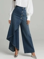 Εφαρμοστό φαρδύ παντελόνι με τύπωμα denim σε γαλάζιο χρώμα και κομψά κουμπιά στο πλάι - S / Bottoms / Σκούρο μπλε
