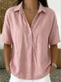 Chemise ample en coton et lin rose poudré à manches courtes avec col à revers et boutons - S / Rose