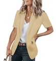 Detail view of light yellow short sleeve blazer showing notch lapel and single button - S / Apricot