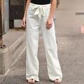Women's summer wide leg linen trousers with high waist and tie-up bow belt in beige - S / Bottoms / White