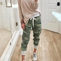 Detail of camouflage jogger pants with white drawstring and grey ribbed cuffs - S / Bottoms / Army Green
