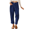 Détail du pantalon en velours côtelé bleu à taille haute avec plis et bas à revers - Bleu roi