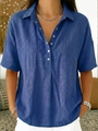 Chemise ample pour femme en bleu foncé effet lin avec manches courtes et boutons chic - S / Bleu royal