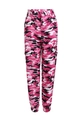 Dettaglio dei pantaloni cargo camouflage rosa a vita alta con polsini elastici - Rosso rosa