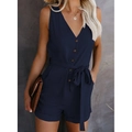 Detail of V-neck sleeveless dark blue jumpsuit with brown buttons and waist tie - Dark Blue