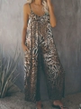 Women's leopard print spaghetti strap wide leg jumpsuit with side pockets and V-neckline - S / Brown Leopard