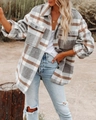 Detailed texture of thick grey and brown plaid wool blend shacket with front button pocket - S / Khaki