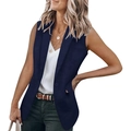 Women's sleeveless navy blue suit vest with lapel collar and single button closure - S / Tops / Navy Blue