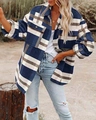 Detail of blue and brown plaid oversized wool blend shirt jacket with chest pockets - S / Blue