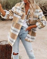 Outdoor shot showing details of brown plaid woolen shacket with front pockets and buttons - S / Yellow