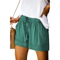 Detail of green high-waisted linen shorts with drawstring waist and large utility pockets - 3XL / Bottoms / Lake Green