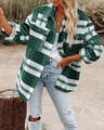 Detailed view of the green and white plaid pattern on this oversized flannel shacket - S / Green