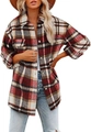 Close-up detail of red and brown plaid wool jacket featuring large chest pockets - S / Red