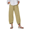 Detailed view of women cotton linen wide leg pants featuring unique layered crossover split hem - S / Bottoms / Khaki