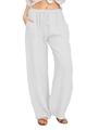 Women's loose white cotton linen wide leg trousers with drawstring elastic waist - S / White
