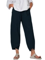 Detail of navy blue linen wide-leg pants with unique overlapping crossover hem design - Navy Blue
