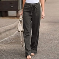 Women's dark grey high waist cotton linen wide leg pants with a decorative bow belt - S / Dark Gray