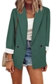 Front detail of dark green double-breasted blazer with contrast white turned cuffs - Green