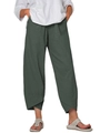 Detail view of tulip-style overlapping hem on green cotton linen wide-leg trousers - S / Bottoms / Gray