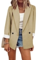 Detail of light khaki double-breasted blazer with contrast white cuffs and linen texture - Apricot