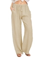 Women's loose cotton linen wide leg pants in light beige with drawstring elastic waist - S / Khaki
