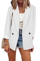 Detail of white long-sleeved blazer featuring classic lapels and double-breasted dark buttons - S / Tops / White