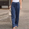 Women's dark blue wide-leg linen pants with elastic waist and drawstring design - S / Navy Blue