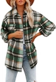 Detail of green and white plaid flannel shacket with flap pockets and buttons - S / Grey Green