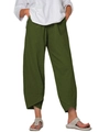 Close-up of army green linen wide leg pants featuring tulip hem with crossover detail - S / Bottoms / Army Green