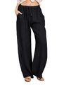 Women's black cotton linen wide leg trousers with drawstring waist and side pockets - S / Black