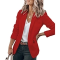 Detailed view of women's vibrant red long sleeve blazer with classic notched lapels - S / Tops / Red