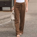 Brown wide-leg linen pants for women with elastic drawstring waist in a casual style - 3XL / Coffee