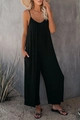 Detailansicht des schwarzen Jumpsuits mit weitem Bein und schmalen Trägern für Damen - S / Schwarz