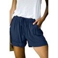 Detail of high waist drawstring shorts with square pockets and rolled cuffs in navy blue - 3XL / Bottoms / Dark Blue