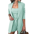 Women's 3-piece mint green fashion set with blazer, crop top, and belted shorts - Emerald Green