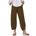 Women's brown linen wide-leg pants with stylish tulip hem and elastic high waist - Coffee