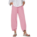 Pink cotton linen wide leg cropped pants with unique overlapping split cuff design - Pink