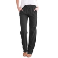 Detail of black cotton linen trousers showing elastic drawstring waist and side pockets - Black